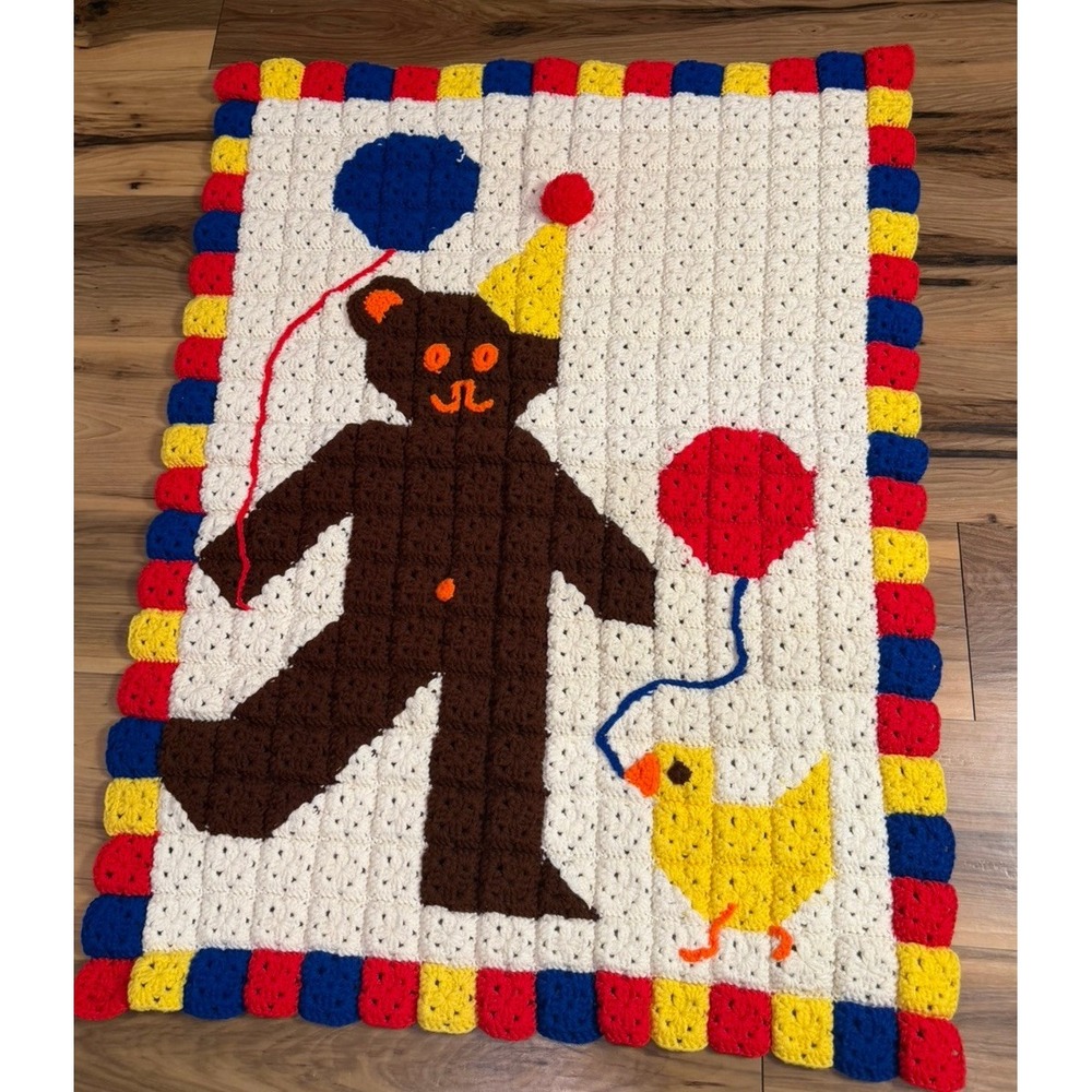 Vintage Handmade Crochet Cat Blanket Afghan Granny Square Kitten Balloons 40x29"